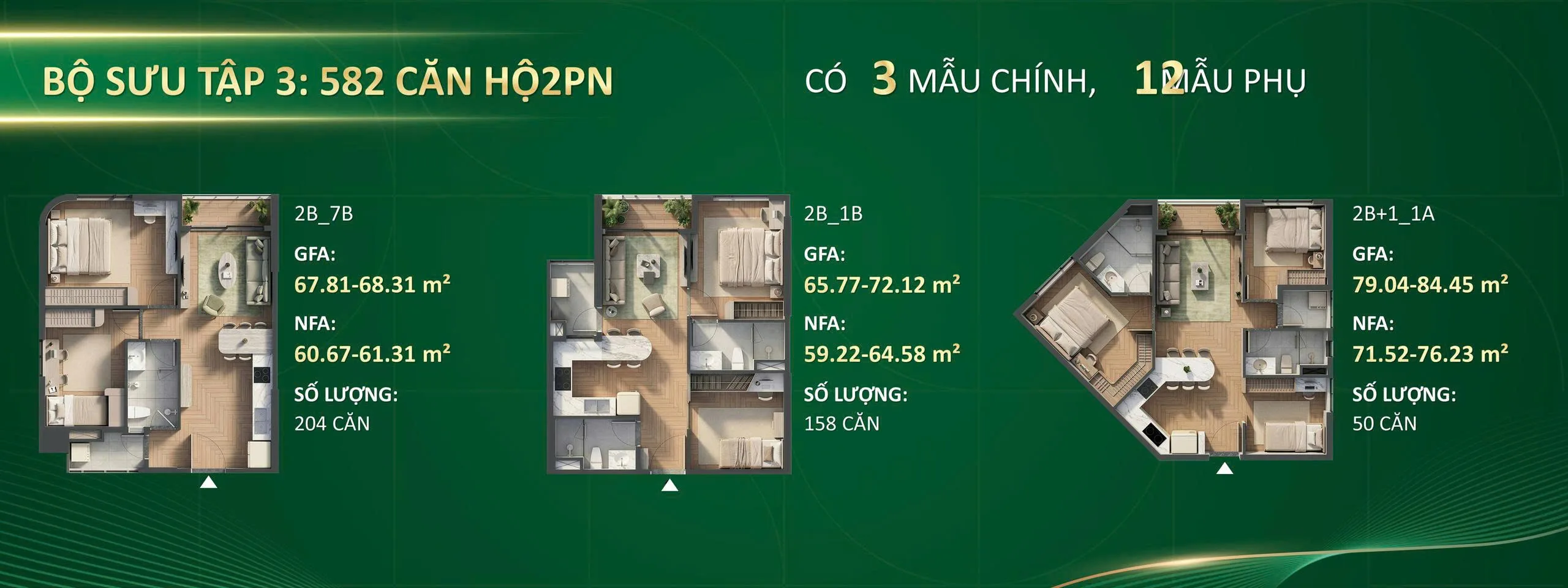 Layout mặt bằng căn hộ Green Skyline với cơ cấu 1 đến 3 phòng ngủ từ 39 đến 98 m2